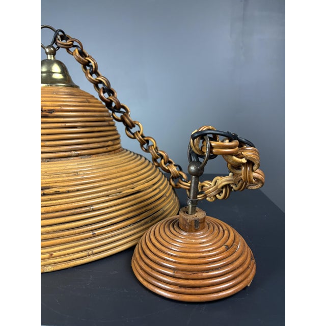 Mid-Century Italian Pencil Reed Rattan Bamboo and Brass Pendant Lamp, 1970s For Sale - Image 9 of 17