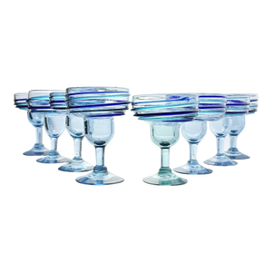 Set of 8 Handblown Mexican Cobalt Blue & Teal Spiral Margarita Glasses