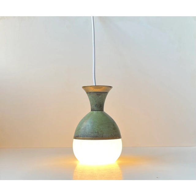 Art Deco Revival Pendant Lamp in Green Bronze and White Glass, 1970s For Sale - Image 3 of 12