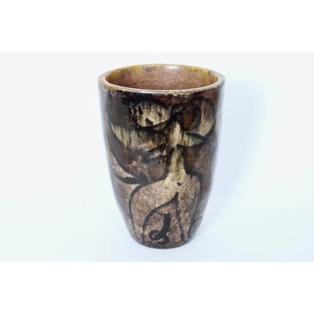 Mid-Century Modern 1950s Cereste Figurative Glazed Earthen Tone Oblong Art Pottery Vase For Sale - Image 3 of 12