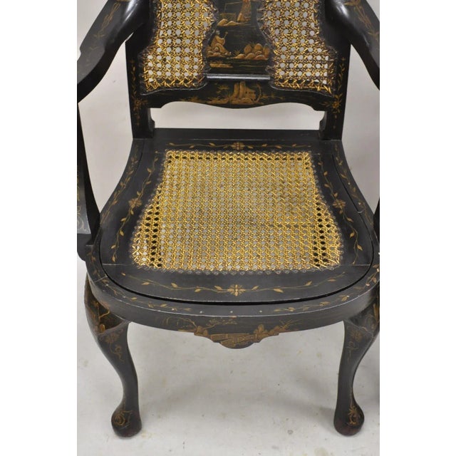 1900 - 1909 Antique Chinoiserie Queen Anne Hand Painted Floral Cane Dining Chairs - Set of 4 For Sale - Image 5 of 12
