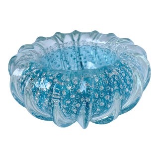 Murano Glass Ridged Controlled Bubble Bowl in Aqua Color For Sale