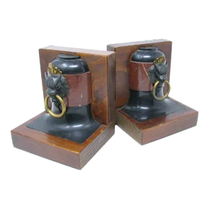 Vintage English Regency Style Lion / Gargoyle Bookends With Wood Base - a Pair