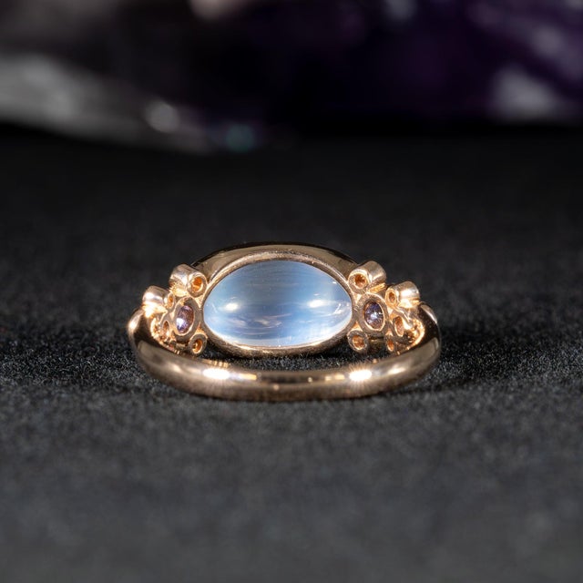 White Rainbow Moonstone Ring With Natural Diamond & Blue Sapphire Accents: 14k Gold, Size 6.75 For Sale - Image 8 of 9
