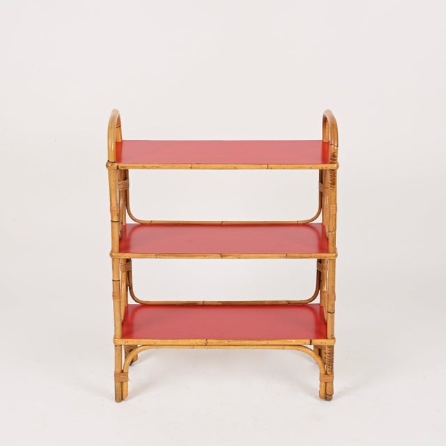 Wood Italian Bookcase in Rattan and Red Laminate from Vivai del Sud, 1970s For Sale - Image 7 of 15