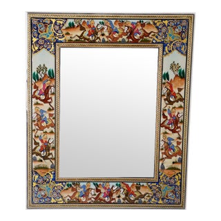 Hand-Painted Polo Scene Mirror, Indigo Persian Miniature Style Frame For Sale