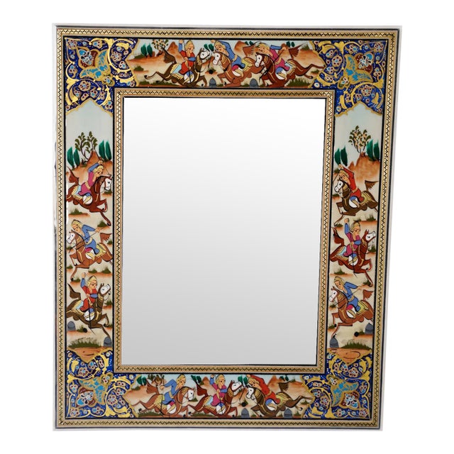 Hand-Painted Polo Scene Mirror, Indigo Persian Miniature Style Frame For Sale
