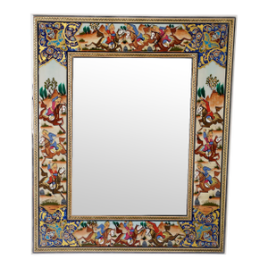 Hand-Painted Polo Scene Mirror, Indigo Persian Miniature Style Frame