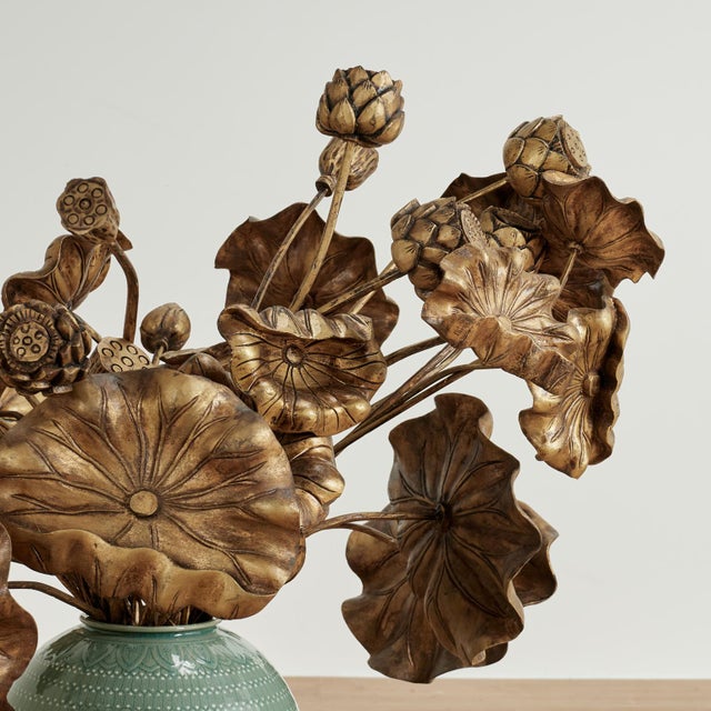 Vintage Bouquet of Carved Wood Lotus Leaves in a Celadon Vase For Sale - Image 4 of 11