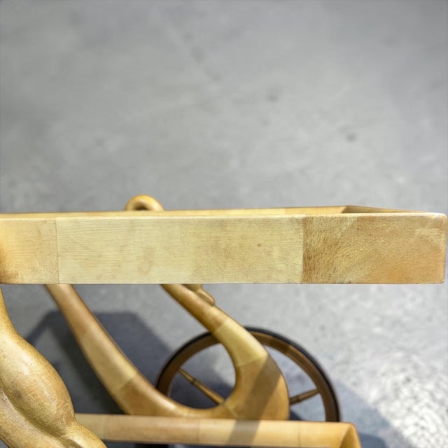 1950s Italian Art Deco Modern Aldo Tura Swan Form Lacquered Goatskin Bar Cart For Sale - Image 5 of 9