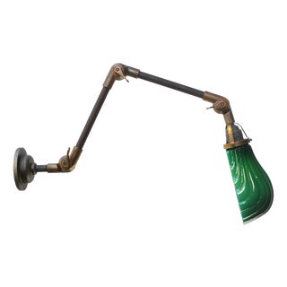 Vintage French 3-Arm Metal and Brass Wall Light with Green Glass Shell Shade For Sale