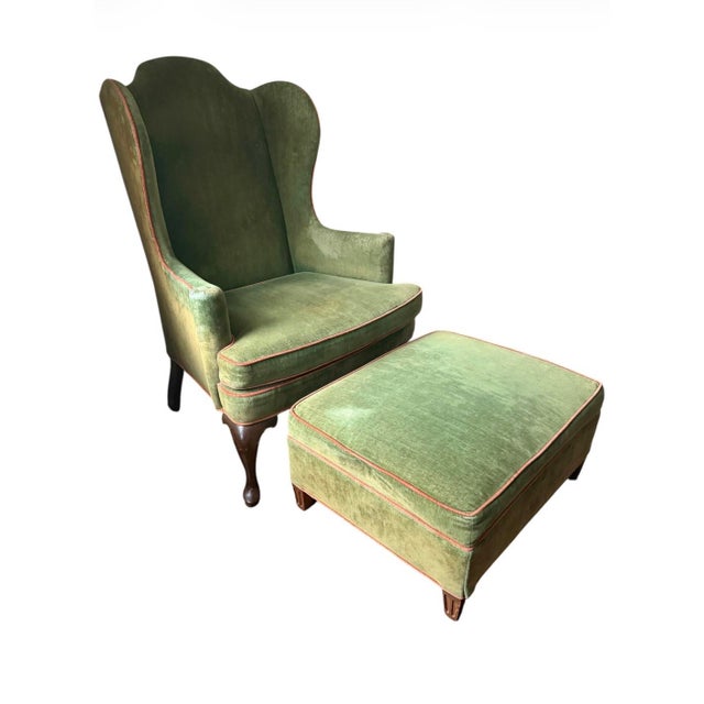 Traditional Vintage Wingback Chair and Ottoman by Woodmark Originals in Green Velvet With Terracotta Piping, a Set For Sale - Image 3 of 13
