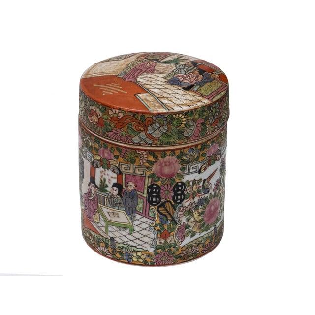 Vintage Chinese Enamel Figural Ground Canton Porcelain Round Container Jar For Sale - Image 11 of 11