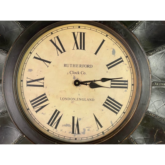 English Large Steampunk Leather Wood London Clock For Sale - Image 3 of 10