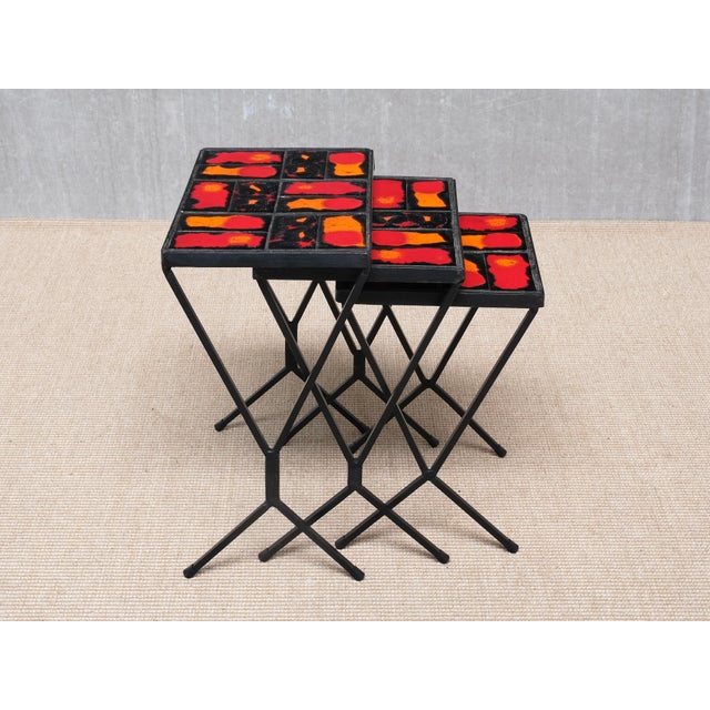 French Modern Nesting Tables with Red and Orange Ceramic Tile Tops, 1950s, Set of 3 For Sale - Image 12 of 15