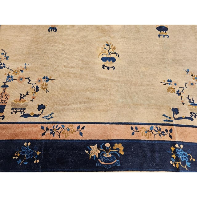 Antique Chinese Peking Rug, Hand-Knotted Wool Pile, Pale Tan & Blue, 9' x 12' For Sale - Image 4 of 18
