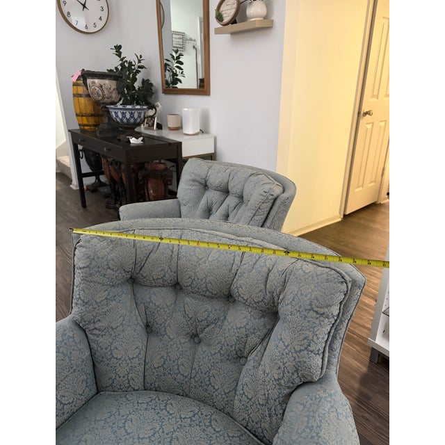 Vintage Mid-Century Tufted Damask Skirted Club Chairs - Attributed to Ethan Allen (A Pair) For Sale - Image 10 of 12