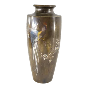 19th Century Japanese Meiji Bronze Mixed Metal Vase Signed