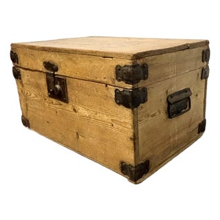 19th Century English Pine Box With Metal Straps For Sale