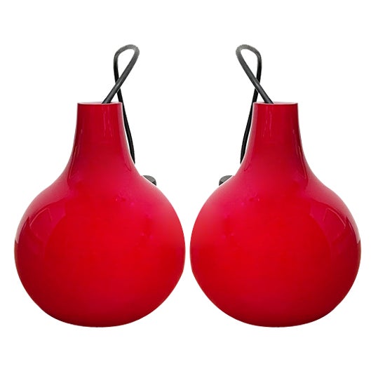 Mid-Century German Red Glass Pendant Lamps from Peill & Putzler, 1960s, Set of 2 For Sale