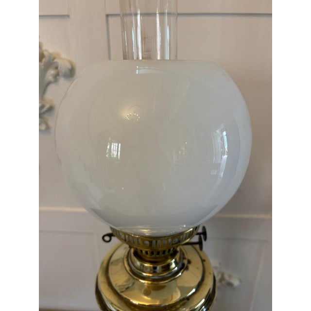 Antique Edwardian English Brass Oil Lamp with Opaline Shade, 1900 For Sale - Image 6 of 11