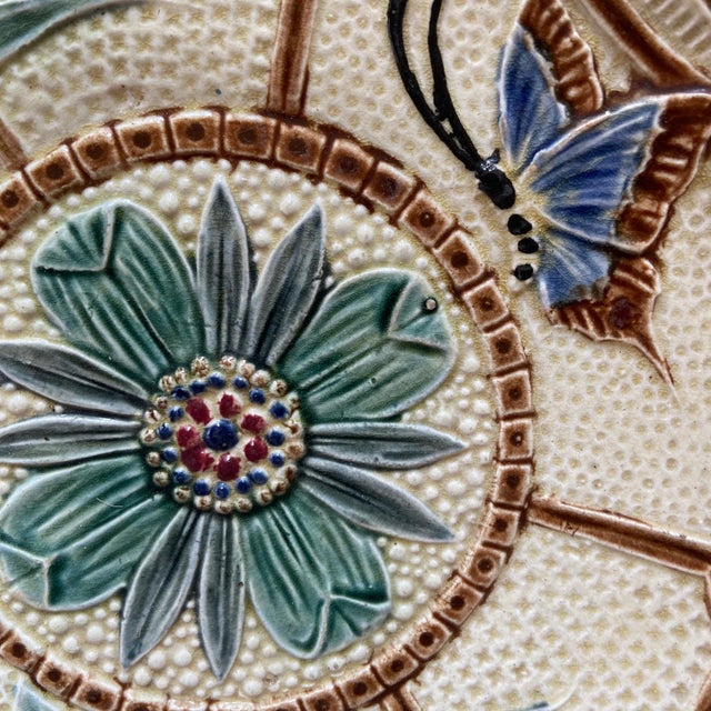 Majolica Flowers and Butterfly Plates from Wasmuel, 1890s, Set of 2 For Sale - Image 3 of 9