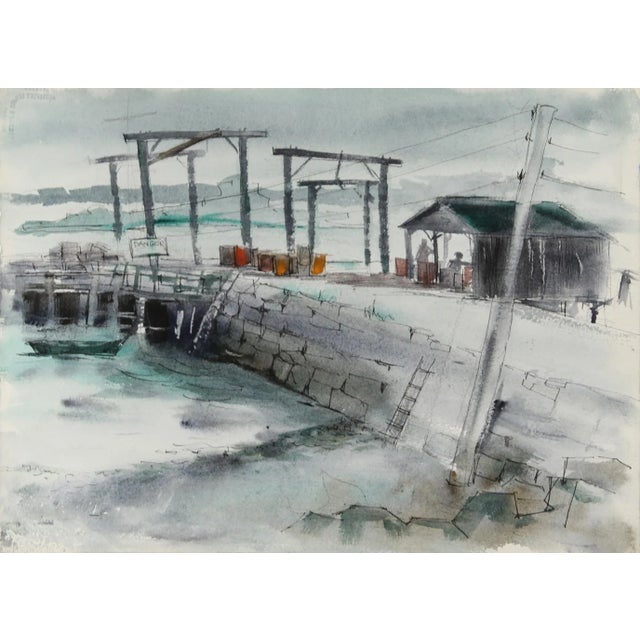 Figurative 1950s "Maine Dock and House 37" Watercolor Painting by Eve Nethercott For Sale - Image 3 of 3