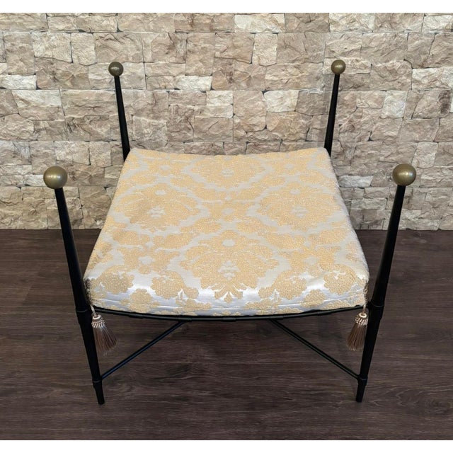 New Black Wrought Iron Curule Bench with Damask Gold & White Fabric For Sale - Image 17 of 18