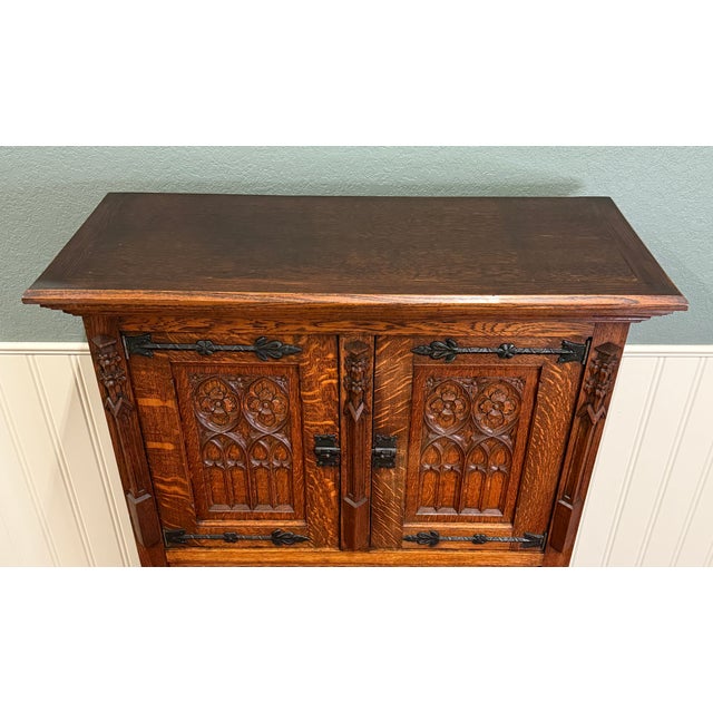 Antique French Gothic Linen Altar Wine Storage Cabinet Bookcase Bar Liquor Oak For Sale - Image 15 of 18