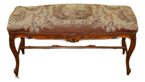 19th Century Louis XV Style French Walnut Needlepoint Petit Point Bench Stool