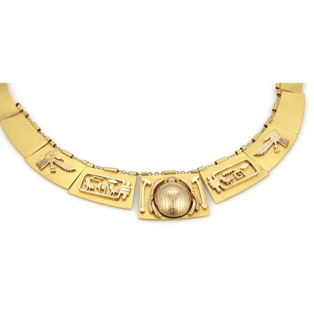 Late 20th Century 18k & 14k Gold Scarab Hieroglyphic Egyptian Graduated Panel Necklace For Sale - Image 5 of 6