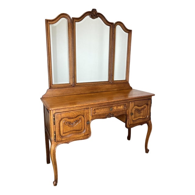 Vintage French Louis Style Oak Dressing Table with Mirror For Sale