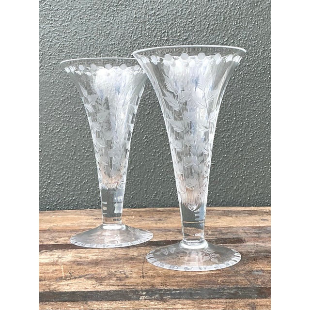 Vintage Etched Glass Trumpet Vases - A Pair For Sale - Image 9 of 12