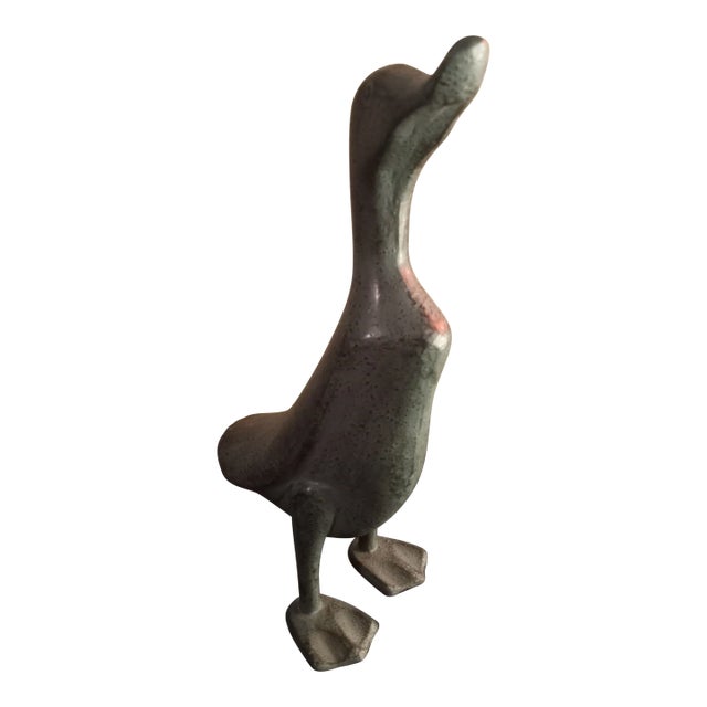 1980s Solid Bronze Duck Sculpture With Patina For Sale