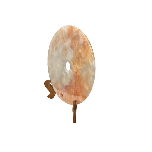 Asian 11.75" Natural White Brown Onyx Stone Round Fengshui Home Decor Display For Sale - Image 3 of 13