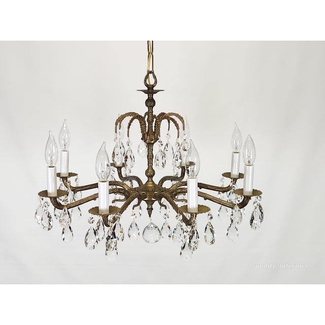 1950s Antique 8 Arm Dark Patina Opulent Brass Cut Lead Glass Crystal Chandelier For Sale - Image 5 of 15