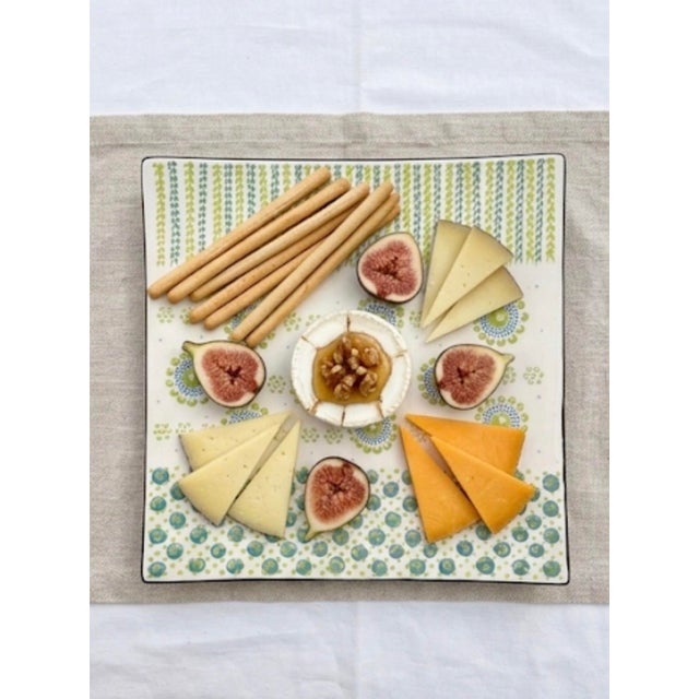 Vintage South African Hand-Painted Ceramic Square Platter – Blue & Lime Green Dot Art For Sale - Image 9 of 12