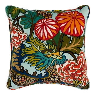 Schumacher Chiang Mai Dragon Velvet 18" Pillow in Aquamarine For Sale