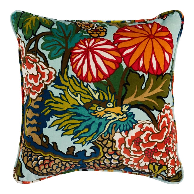 Schumacher Chiang Mai Dragon Velvet 18" Pillow in Aquamarine For Sale