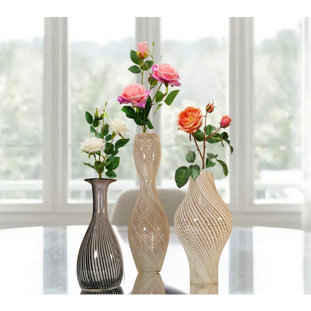 Murano Mezza Filigrana Art Glass White and White and Black Pin Stripe Swirl Vases- Set of 3 For Sale - Image 11 of 18