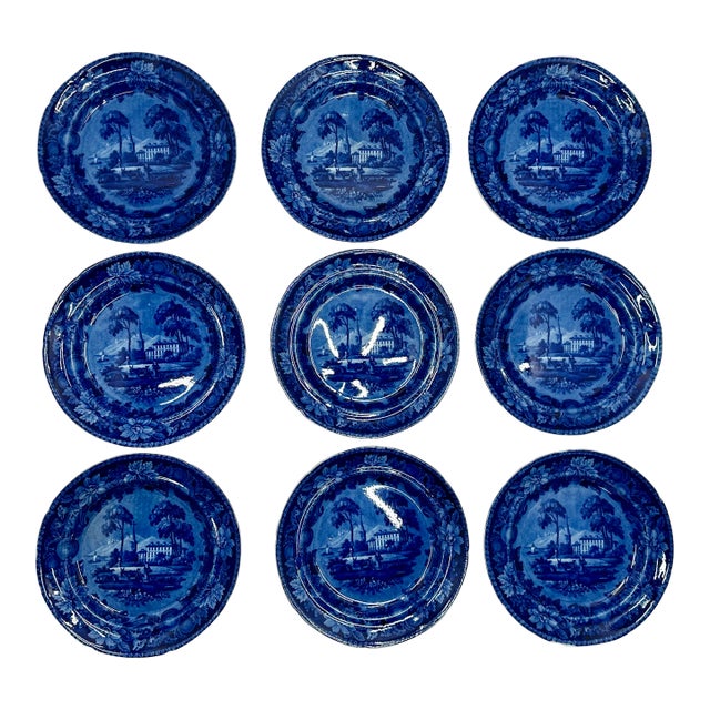 Stunning & Rare Antique Original Set of 9 Dark Flow Blue English Staffordshire 10 Inch Dinner Plates Circa 1830s For Sale