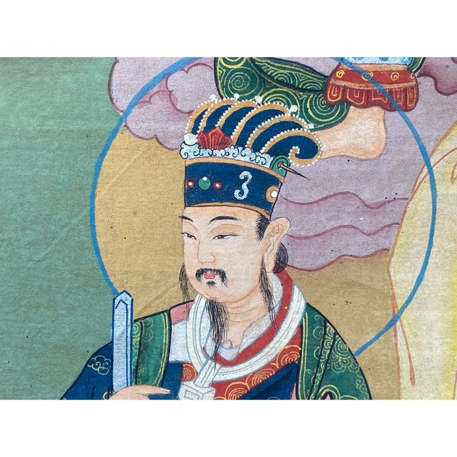 Teal Large Chinese Canvas Art of the Three Great Emperor - Officials For Sale - Image 8 of 11