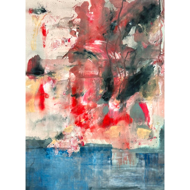 Bold Abstract and Figurative Composition in Blue and Red Acrylic on Paper by Ricardo De Silva For Sale - Image 4 of 5