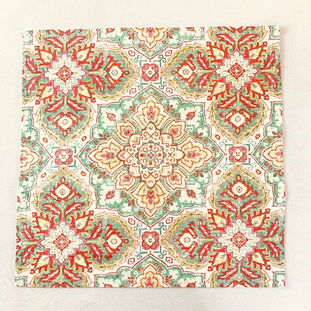 Contemporary Designer P Kaufmann Waverly Cream Coral Green Yellow Ikat Suzani Medallion Pillow Covers- 3 Pieces For Sale - Image 3 of 8