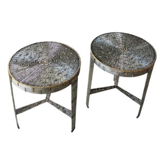 Round Pair of Hand-Welded Steel Rod Brutalist Tables, Set of Two, Tripod Legs For Sale