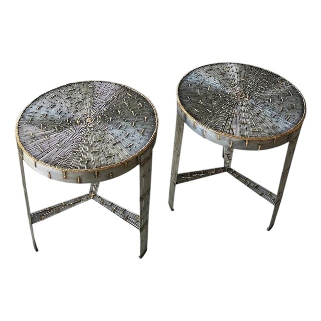 Round Pair of Hand-Welded Steel Rod Brutalist Tables, Set of Two, Tripod Legs For Sale