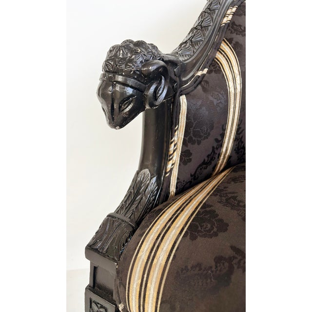 Vintage Ebonized Carved Ram's Head Bergère Chairs, Pair For Sale - Image 11 of 16