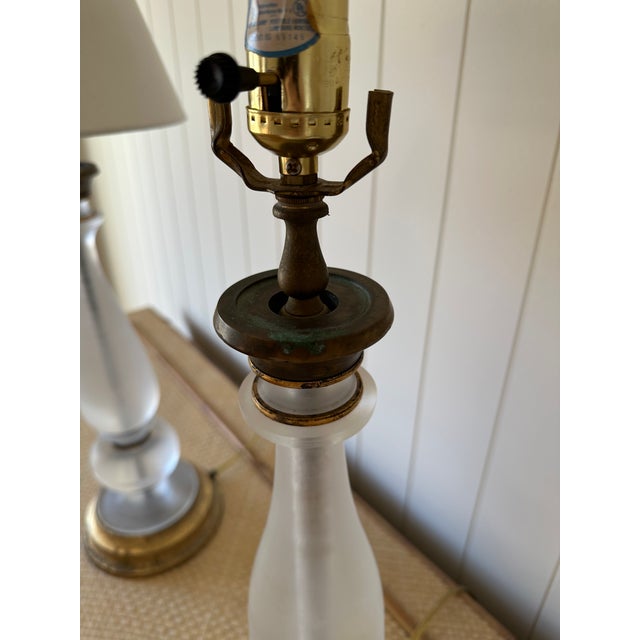 Vintage Pair of Frosted Glass Table Lamps With Brass Bases For Sale - Image 4 of 11