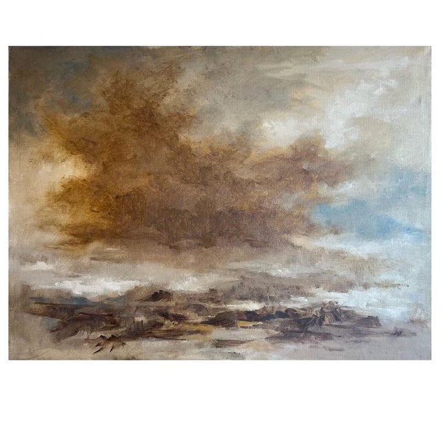 Large abstract landscape in a range of gray, brown, tan, and deep blue with touches of white. By Robert Baranet (1925-...