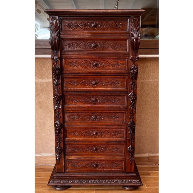Late 19th Walnut Nine Drawer Tall French Carved Chest or Siffonier For Sale - Image 16 of 18